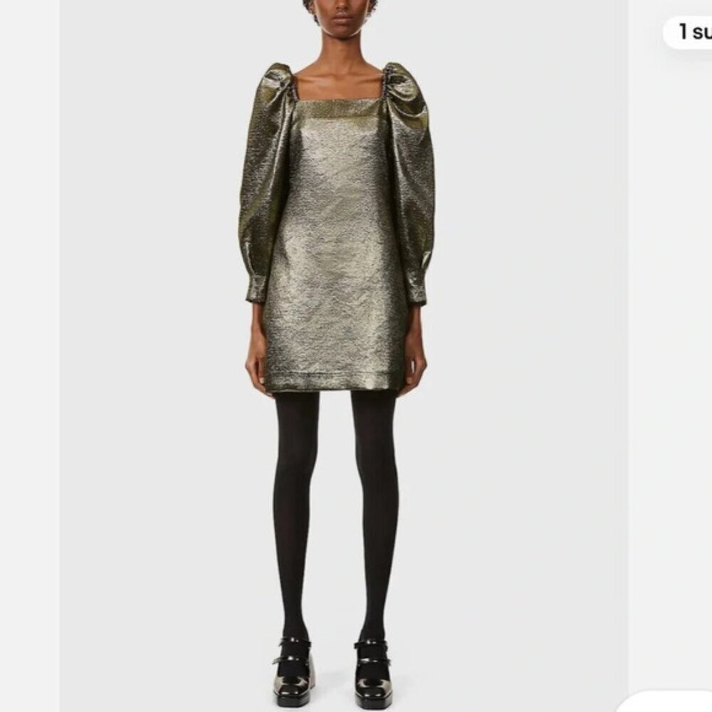 NWOT Sandro Julie Metallic Puffed Sleeve Woven Mini Dress 40 - Picture 2 of 16